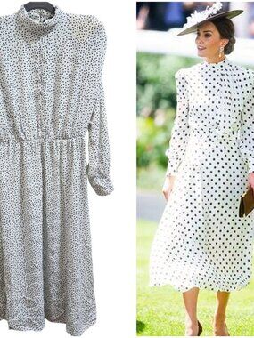 ZARA Polka Dot Midi Dress XS White Black High Neck Long Sleeve Elastic Waist